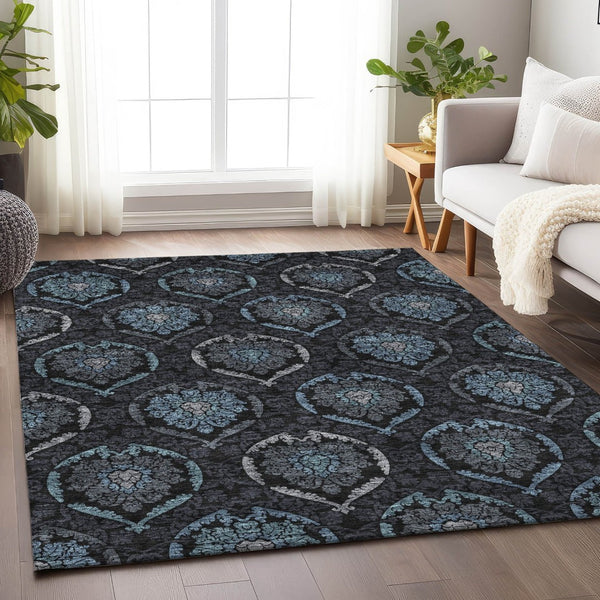HomeRoots 5' X 8' Blue and Charcoal Medallion Area Rug - Durable, Washable, UV Protected for Family Spaces! 666055