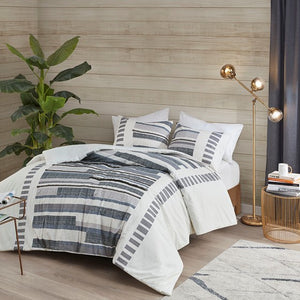 English Elm Full/Queen Serena 3-Piece Cotton Percale Duvet Cover Set with Fringe & Chenille Trims, Antimicrobial Protection B03596495