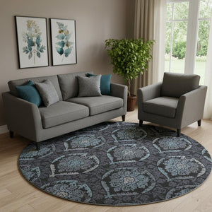 HomeRoots 8' Blue and Charcoal Medallion Round Rug - Washable, UV Protection, Kid & Pet Friendly, Durable Design 666056