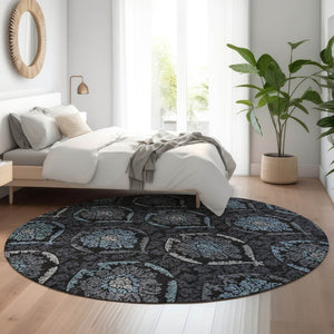 HomeRoots 8' Blue and Charcoal Medallion Round Rug - Washable, UV Protection, Kid & Pet Friendly, Durable Design 666056