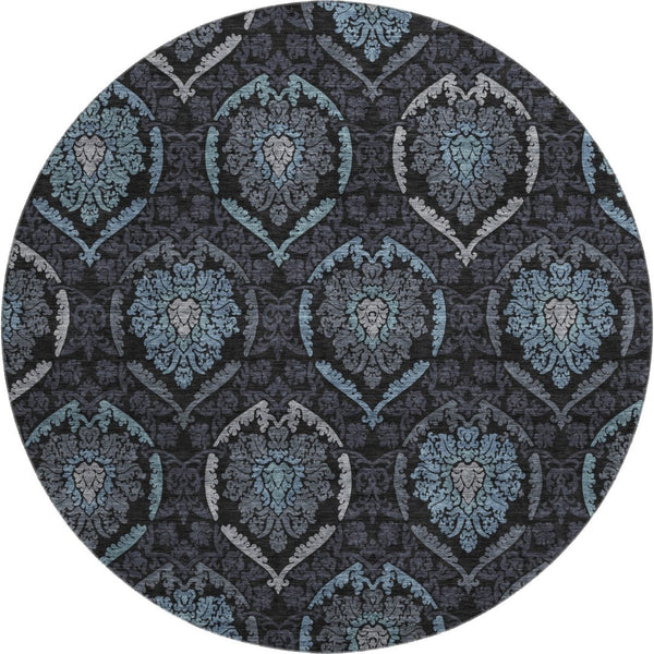 HomeRoots 8' Blue and Charcoal Medallion Round Rug - Washable, UV Protection, Kid & Pet Friendly, Durable Design 666056