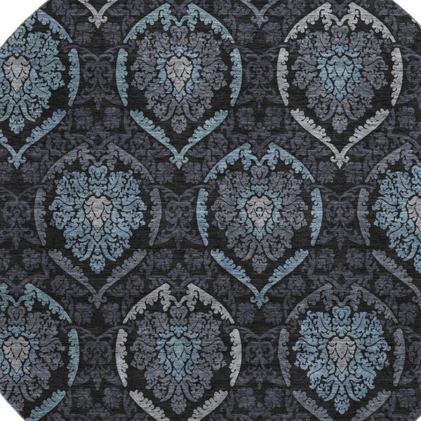 HomeRoots 8' Blue and Charcoal Medallion Round Rug - Washable, UV Protection, Kid & Pet Friendly, Durable Design 666056