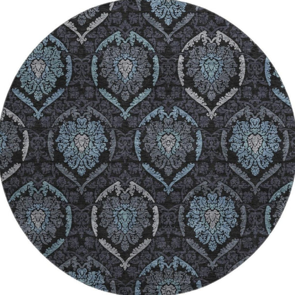 HomeRoots 8' Blue and Charcoal Medallion Round Rug - Washable, UV Protection, Kid & Pet Friendly, Durable Design 666056