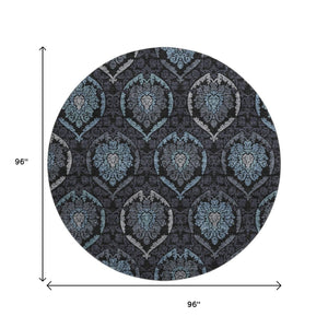 HomeRoots 8' Blue and Charcoal Medallion Round Rug - Washable, UV Protection, Kid & Pet Friendly, Durable Design 666056