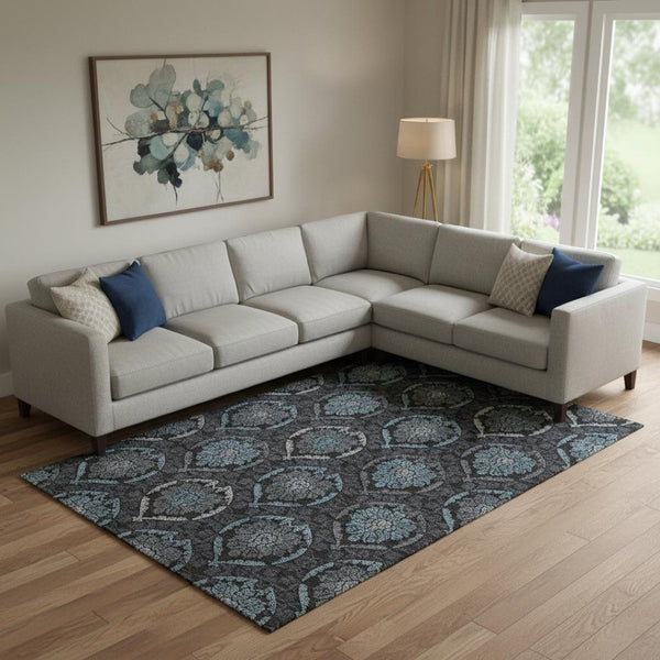 HomeRoots 8' X 10' Blue & Charcoal Medallion Area Rug - Washable, UV Protected, Perfect for Family Spaces! 666057