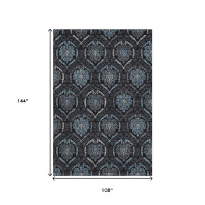 HomeRoots 9' X 12' Blue and Charcoal Medallion Area Rug - Washable, UV-Protected, Durable for High-Traffic Spaces 666058