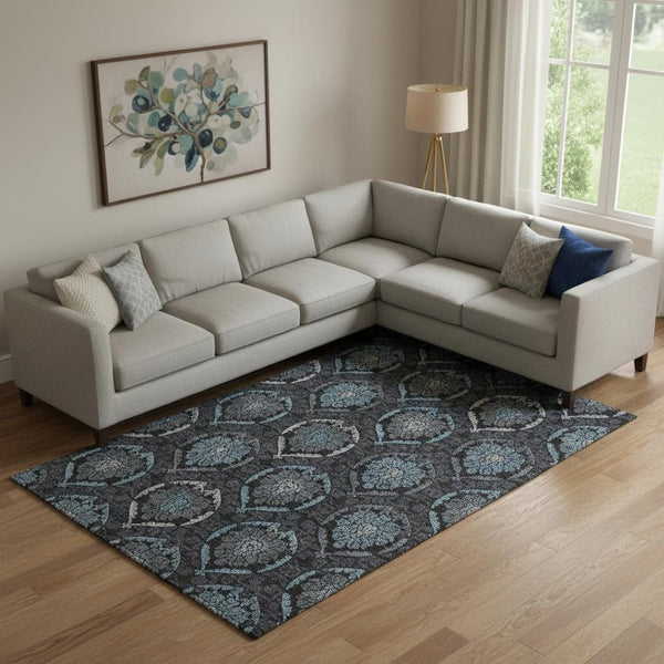 HomeRoots 9' X 12' Blue and Charcoal Medallion Area Rug - Washable, UV-Protected, Durable for High-Traffic Spaces 666058
