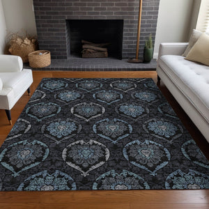 HomeRoots 9' X 12' Blue and Charcoal Medallion Area Rug - Washable, UV-Protected, Durable for High-Traffic Spaces 666058