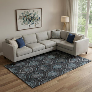 HomeRoots 10' Blue and Charcoal Medallion Washable Area Rug - Durable, UV-Protected, Ideal for Busy Homes! 666059