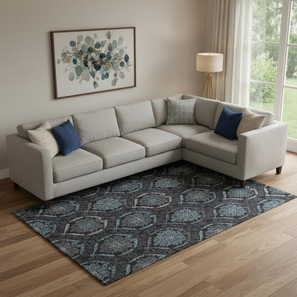 HomeRoots 10' Blue and Charcoal Medallion Washable Area Rug - Durable, UV-Protected, Ideal for Busy Homes! 666059