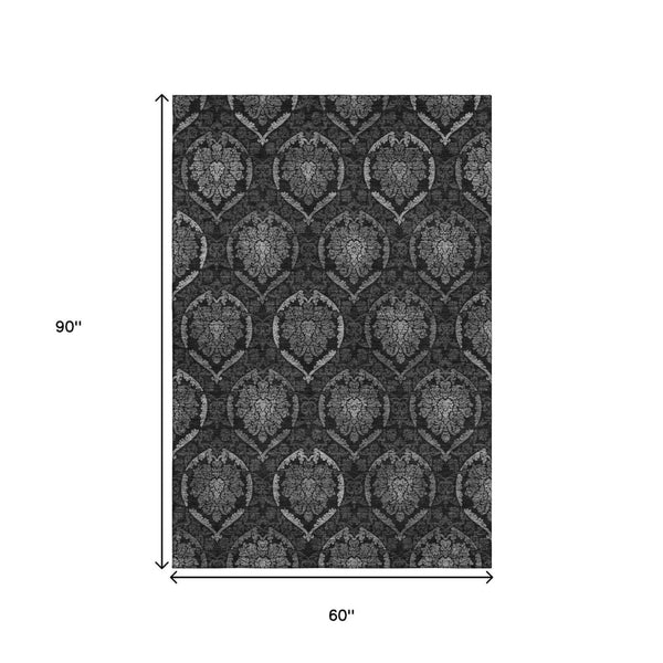 HomeRoots 5' Gray and Silver Medallion Area Rug - Washable, UV-Protected, Stain-Resistant, Stylish Design 666061