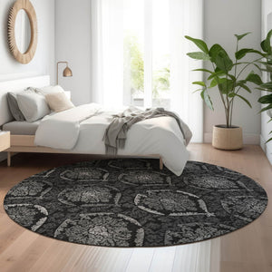 HomeRoots 8' Gray and Silver Medallion Washable Round Rug - Durable, Stain-Resistant, UV Protected Elegance 666062