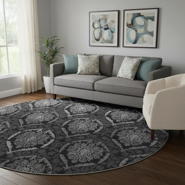 HomeRoots 8' Gray and Silver Medallion Washable Round Rug - Durable, Stain-Resistant, UV Protected Elegance 666062