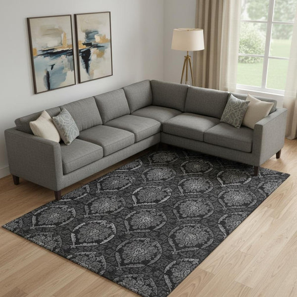 HomeRoots 8' X 10' Gray and Silver Medallion Area Rug - Washable, UV Resistant, Ideal for High-Traffic Spaces 666063