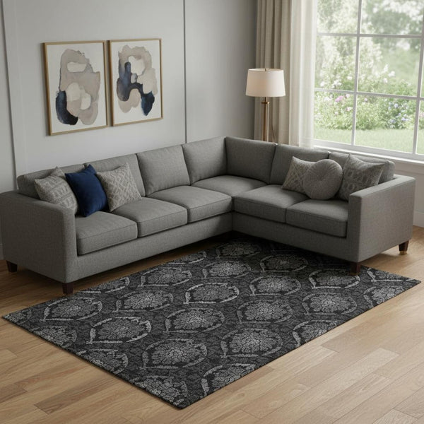 HomeRoots 9' X 12' Gray and Silver Medallion Area Rug - Washable, UV-Protected, Stain-Resistant Comfort for Homes 666064