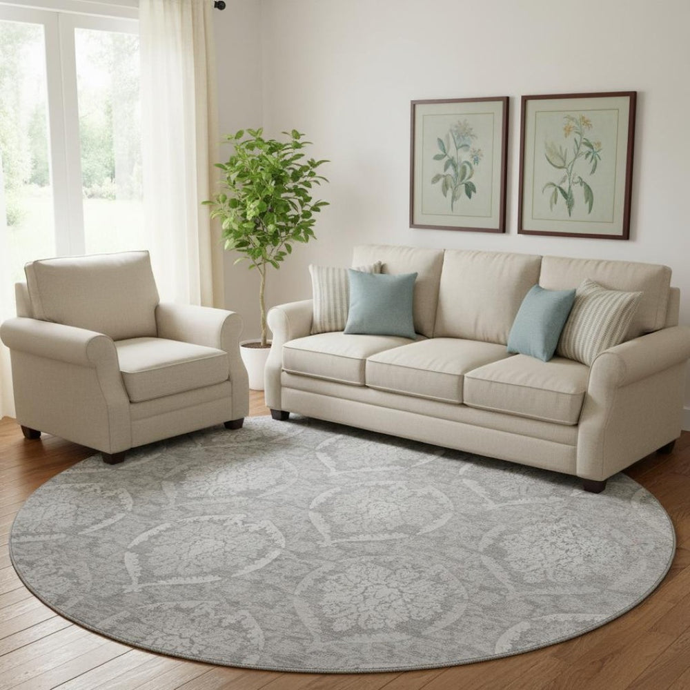 HomeRoots 8' Gray and Silver Medallion Round Rug – Washable, UV-Protected, Perfect for Busy Homes & Elegance 666092