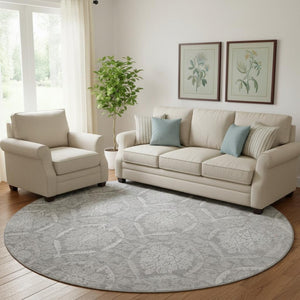 HomeRoots 8' Gray and Silver Medallion Round Rug – Washable, UV-Protected, Perfect for Busy Homes & Elegance 666092