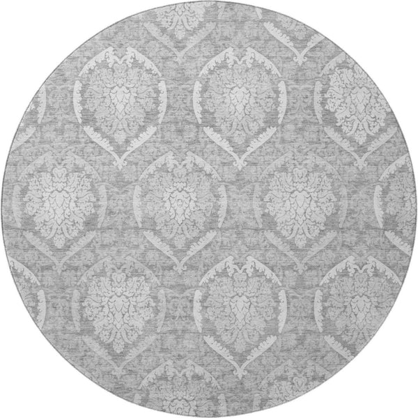 HomeRoots 8' Gray and Silver Medallion Round Rug – Washable, UV-Protected, Perfect for Busy Homes & Elegance 666092