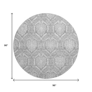 HomeRoots 8' Gray and Silver Medallion Round Rug – Washable, UV-Protected, Perfect for Busy Homes & Elegance 666092