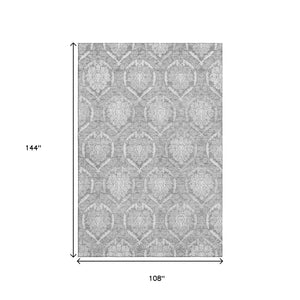 HomeRoots 9' X 12' Gray and Silver Medallion Area Rug - Washable, Stain-Resistant, UV Protected for Homes 666094