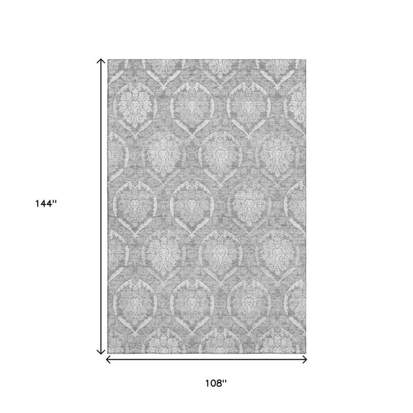 HomeRoots 9' X 12' Gray and Silver Medallion Area Rug - Washable, Stain-Resistant, UV Protected for Homes 666094