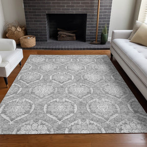 HomeRoots 9' X 12' Gray and Silver Medallion Area Rug - Washable, Stain-Resistant, UV Protected for Homes 666094