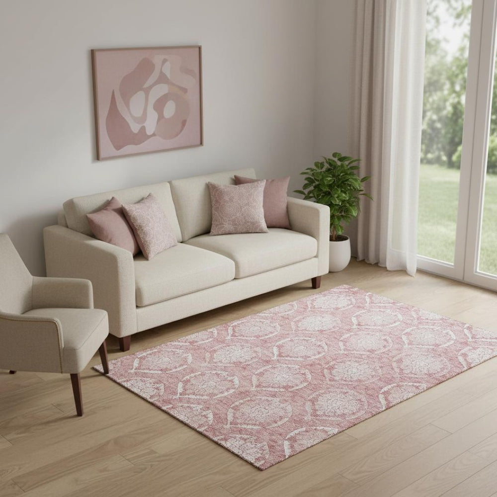 HomeRoots 5' X 8' Pink And Ivory Medallion Rug - Stylish, Washable, UV-Protected for Homes with Kids & Pets 666097