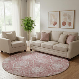 HomeRoots 8' Pink Medallion Washable Round Rug - Durable, UV Protected, Perfect for High-Traffic Areas & Families 666098