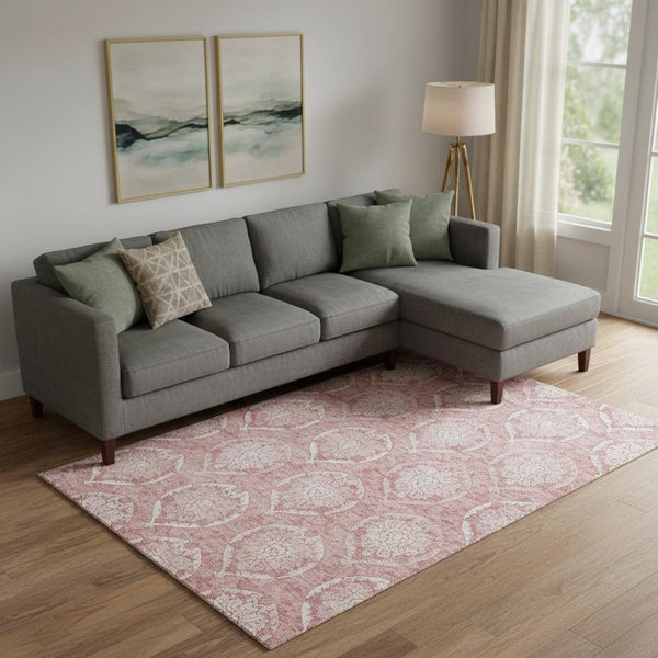 HomeRoots 8' X 10' Pink & Ivory Medallion Area Rug - Washable, UV-Protected, Family-Friendly Decor Solution! 666099