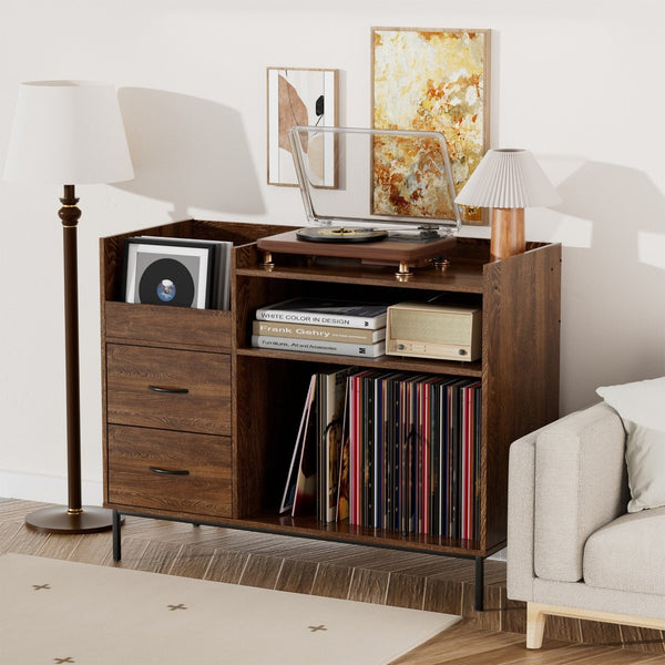 English Elm Record Player Stand with Vinyl Storage Mid-century Wood Console for Living Room T2398P438826
