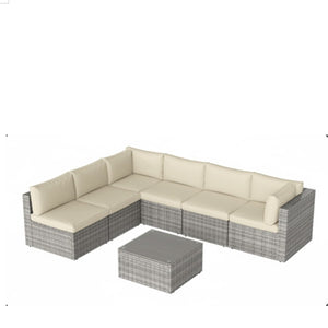English Elm 7-piece Outdoor Modular Sectional Pe Wicker Patio Set with Tempered Glass Coffee Table Beige+Brown B082S00063