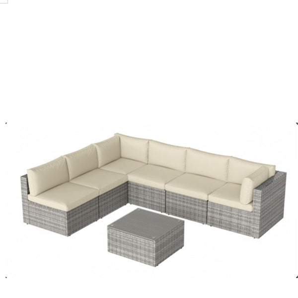 English Elm 7-piece Outdoor Modular Sectional Pe Wicker Patio Set with Tempered Glass Coffee Table Beige+Brown B082S00063