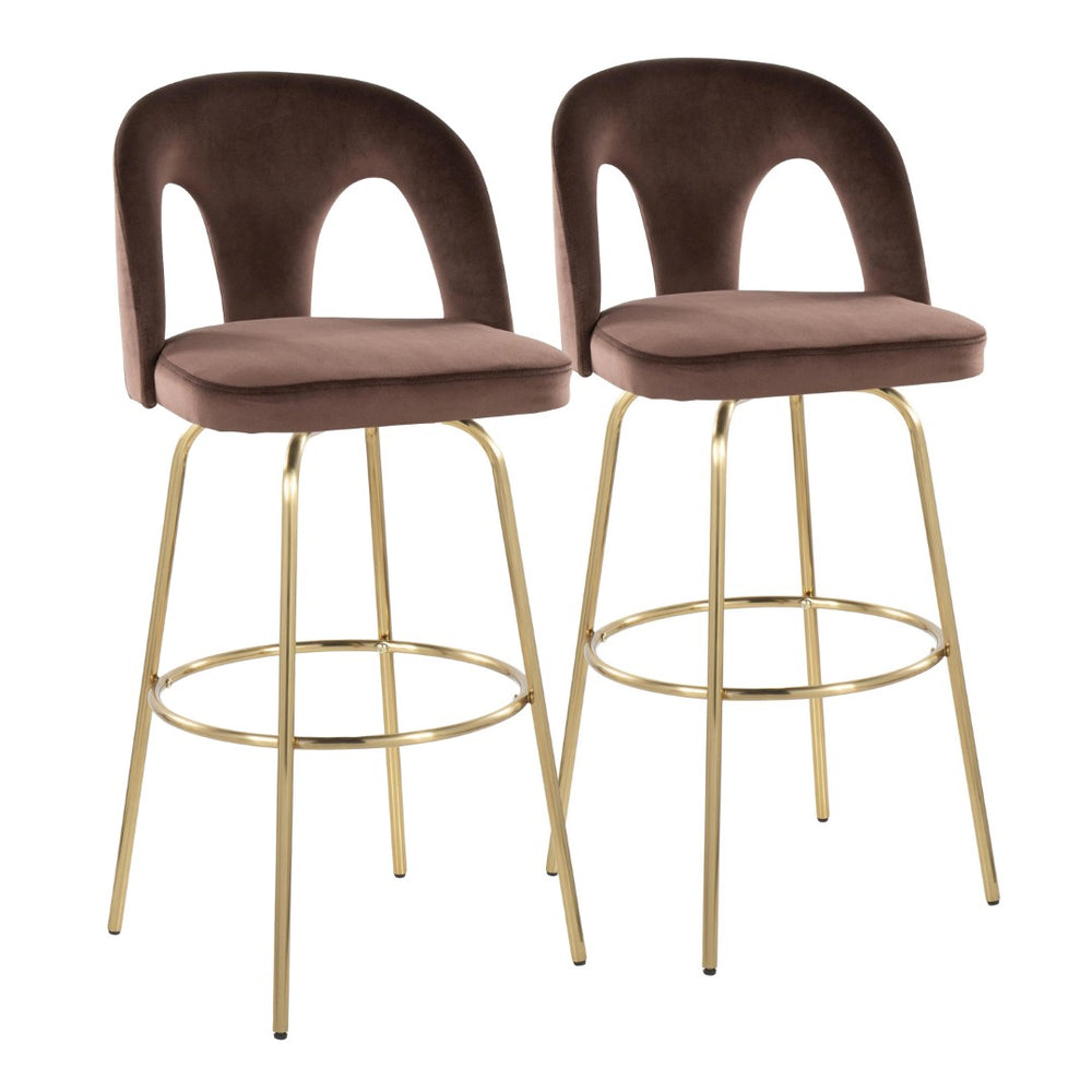 English Elm Fixed-height Swivel Barstools with Gold Footrest Black Frame White Upholstery Set Espresso B202S01882
