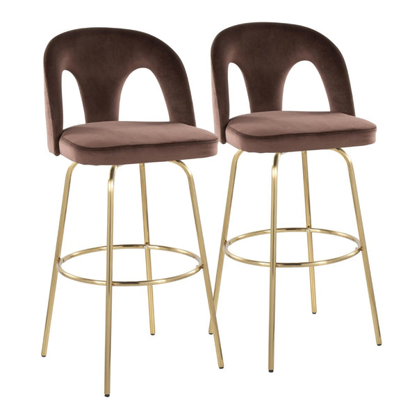 English Elm Fixed-height Swivel Barstools with Gold Footrest Black Frame White Upholstery Set Espresso B202S01882