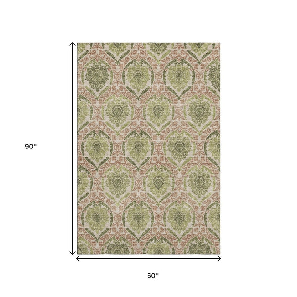 HomeRoots 5' X 8' Olive Green and Copper Medallion Area Rug - Durable, Stain-Resistant, UV Protected Design! 666151