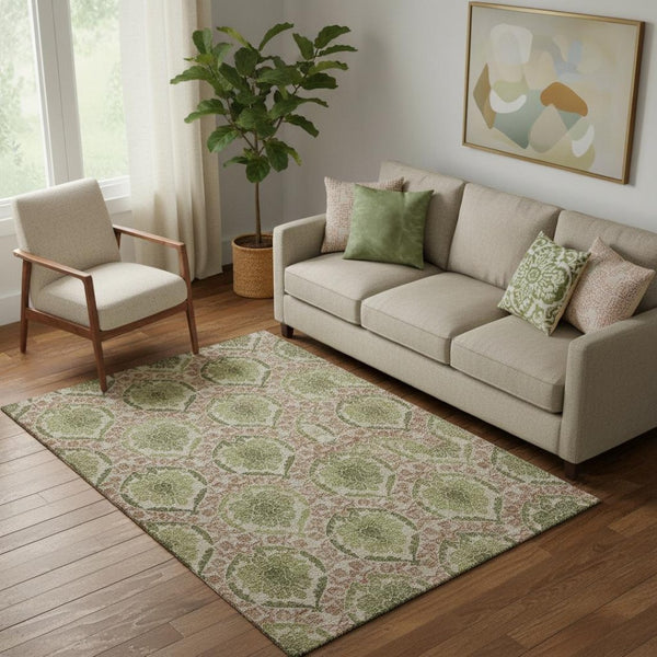 HomeRoots 5' X 8' Olive Green and Copper Medallion Area Rug - Durable, Stain-Resistant, UV Protected Design! 666151