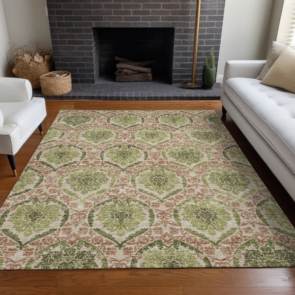 HomeRoots 5' X 8' Olive Green and Copper Medallion Area Rug - Durable, Stain-Resistant, UV Protected Design! 666151
