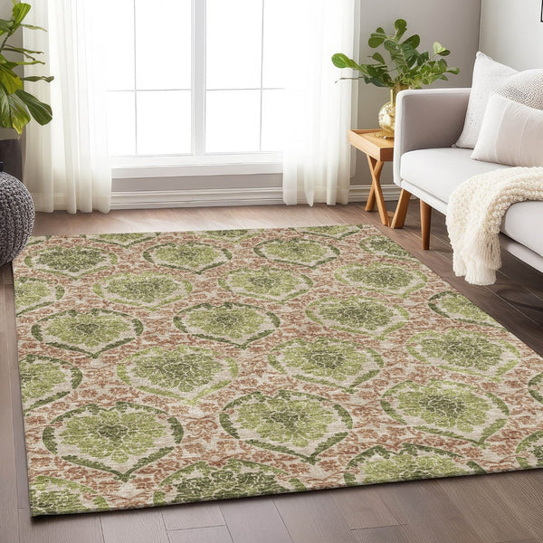 HomeRoots 5' X 8' Olive Green and Copper Medallion Area Rug - Durable, Stain-Resistant, UV Protected Design! 666151
