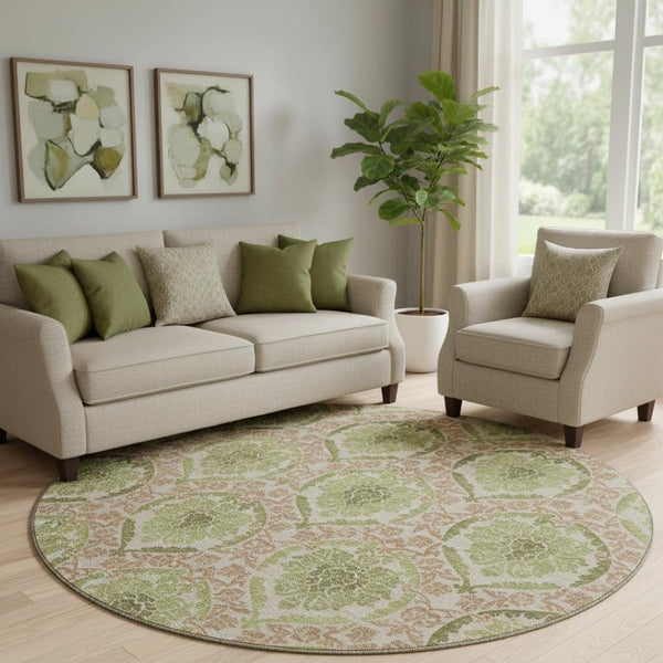 HomeRoots 8' Stylish Olive Green & Copper Medallion Washable Round Rug - Stain Resistant & UV Protected! 666152
