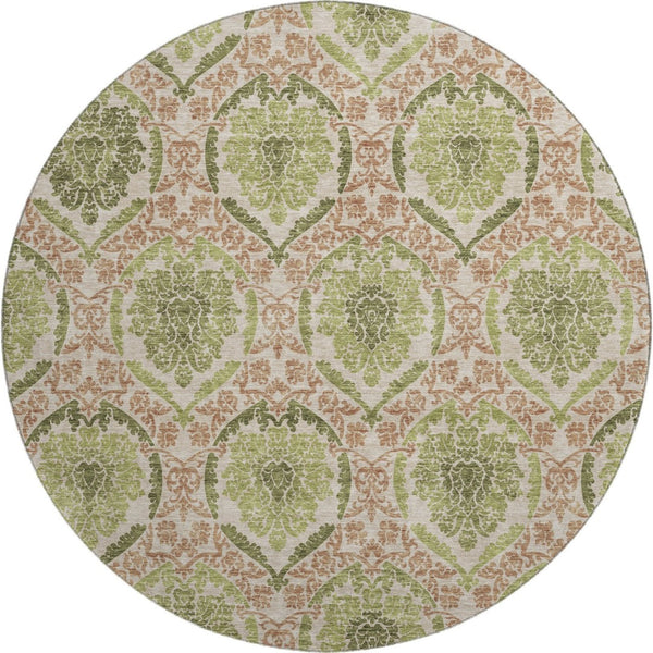 HomeRoots 8' Stylish Olive Green & Copper Medallion Washable Round Rug - Stain Resistant & UV Protected! 666152