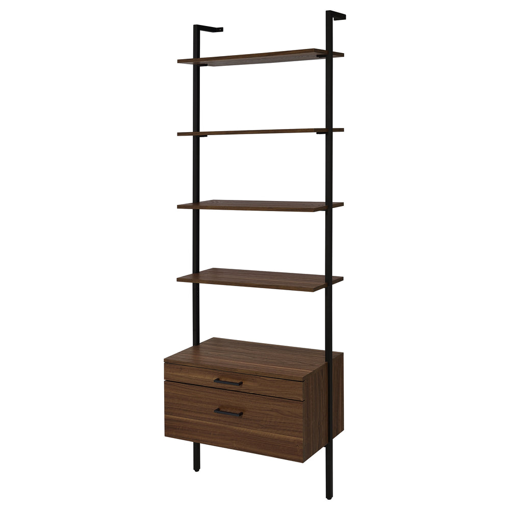 English Elm Wendell Rustic Walnut 4-Shelf Wall Bookcase with Drawer — Space-Saving Engineered Wood Storage, 96" high B062P375508