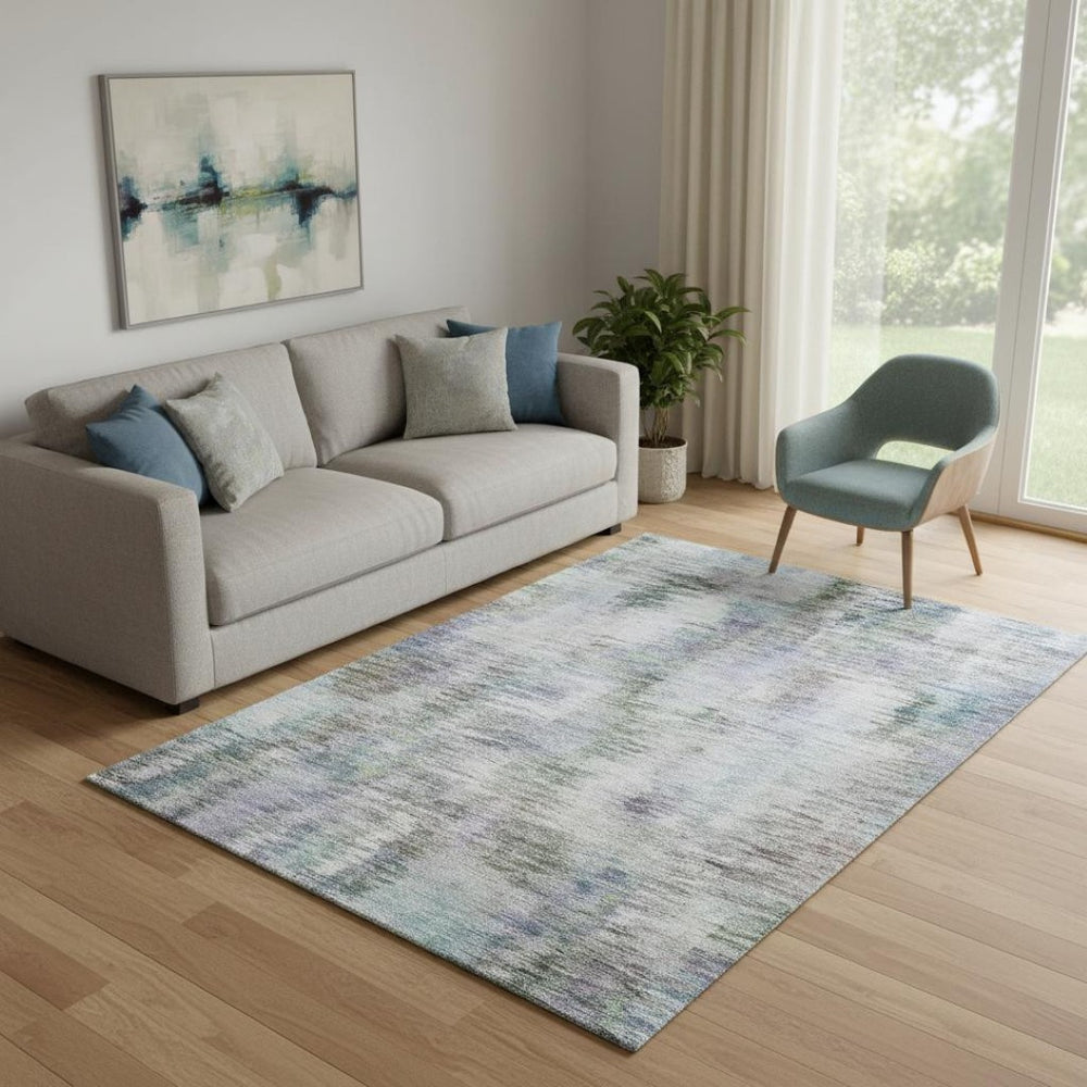 HomeRoots 5' Abstract Washable Area Rug in Green, Purple & Gray - UV Protection, Durable & Easy Care Design 666193