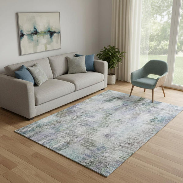 HomeRoots 5' Abstract Washable Area Rug in Green, Purple & Gray - UV Protection, Durable & Easy Care Design 666193