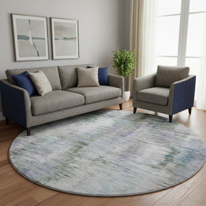 HomeRoots 8' Washable Round Rug with UV Protection - Modern Abstract Design in Green, Purple & Gray Tones 666194