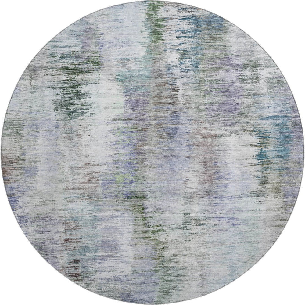 HomeRoots 8' Washable Round Rug with UV Protection - Modern Abstract Design in Green, Purple & Gray Tones 666194