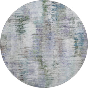 HomeRoots 8' Washable Round Rug with UV Protection - Modern Abstract Design in Green, Purple & Gray Tones 666194