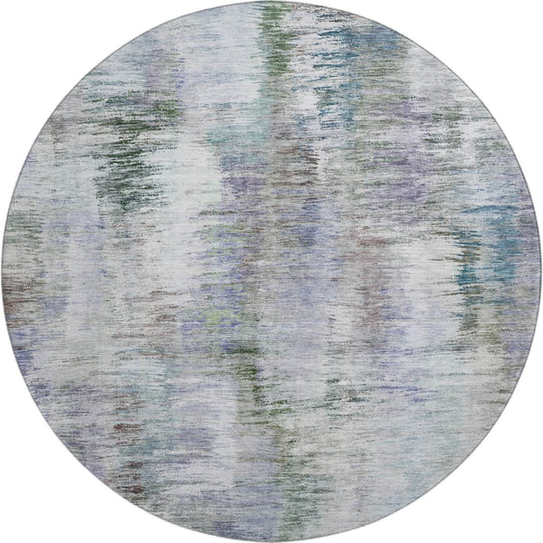HomeRoots 8' Washable Round Rug with UV Protection - Modern Abstract Design in Green, Purple & Gray Tones 666194