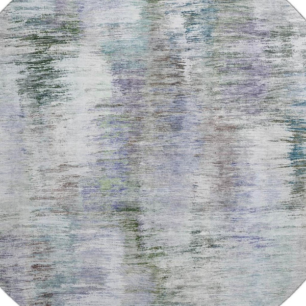 HomeRoots 8' Washable Round Rug with UV Protection - Modern Abstract Design in Green, Purple & Gray Tones 666194