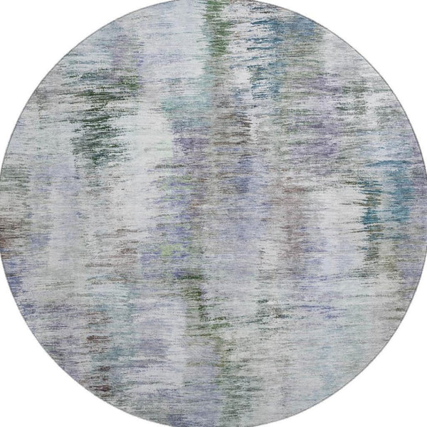 HomeRoots 8' Washable Round Rug with UV Protection - Modern Abstract Design in Green, Purple & Gray Tones 666194