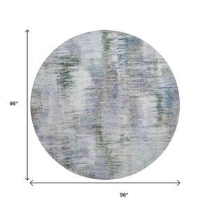 HomeRoots 8' Washable Round Rug with UV Protection - Modern Abstract Design in Green, Purple & Gray Tones 666194
